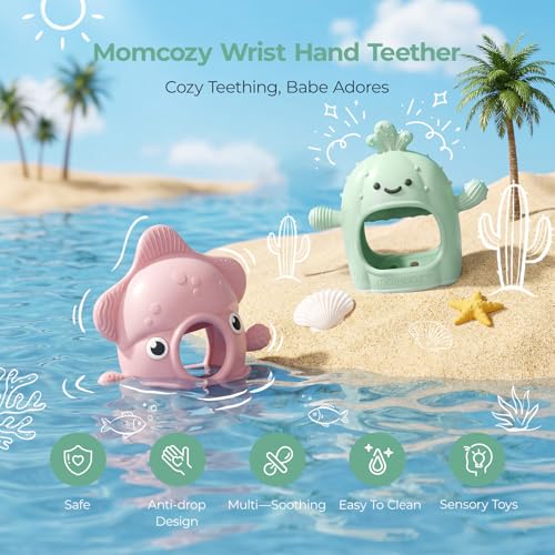 Image of Momcozy Baby Teething Toys, Food Grade Silicone Baby Teether，Teething Mitten for Babies 0-6 Months，Teethers for Babies 6-12 Months，Anti Drop Wrist Teether, 200C Heat-Resistant，Soft Pink