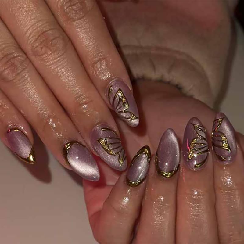 Luxury Press On Nails | 24 Pcs Metallic Purple Almond Fake Nails with Gold Butterfly Design | Long Artificial Nails for Women & Girls | Reusable False Nails | DIY Manicure Kit-image-16