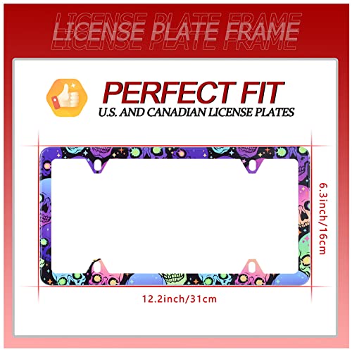 Neon Skulls License Plate Frame Funny Hippie Skull Goth Gothic Plate Holder Stainless Steel Rust-Proof Auto Parts Colorful License Plate Cover Decoration With Screws Size 12.3" X 6.3" For Men Women #TOP5