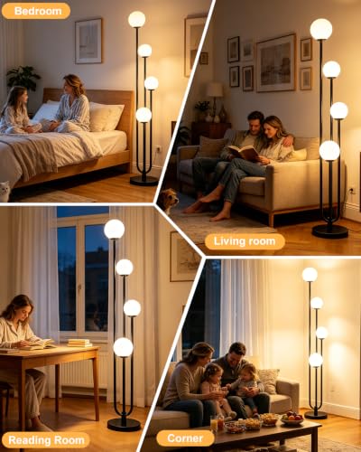 Image of 63IN 4-Light Dimmable Floor Lamp, Unique Black Tall Standing Lamps with Globe Shade &3000K Bulbs for Reading, Mid Century Modern Floor Lamp with 5Lbs Heavy Base for Living Room Bedroom Office