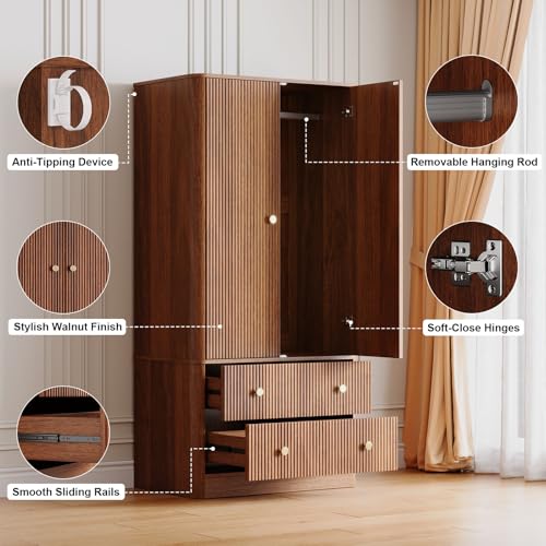 Armoire Wardrobe Closet with 2 Spacious Drawers, 66" Clothing Storage Organizer with Hanging Rod, Mid-Century Modern, Small Bedroom Friendly, Walnut Finish - Image 6