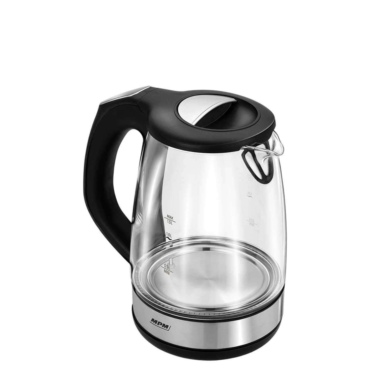 MPM MCZ-100 Hervidor de Agua Eléctrico de Cristal Libre de BPA, Capacidad 1,5L, Panel de Control de Temperatura, Retroiluminado 6 Colores según Temperatura, Inalámbrico 360º, Resistencia Oculta, 2200W