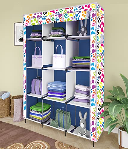 Image of Maison & Cuisine Printed Collapsible Wardrobe Portable Foldable Closet for Clothes Almira, 12 Shelves, 1 Side Pocket Non-Woven Fabric 100 GSM (P 5000-1 Dog Blue)
