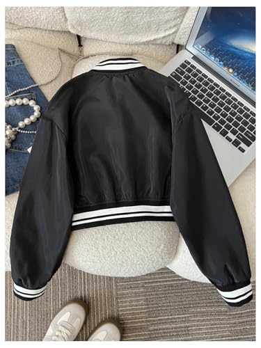 SweatyRocks Girl's Striped Button Down Bomber Jacket Collared Long Sleeve Loose Vintage Jacket Outerwear2