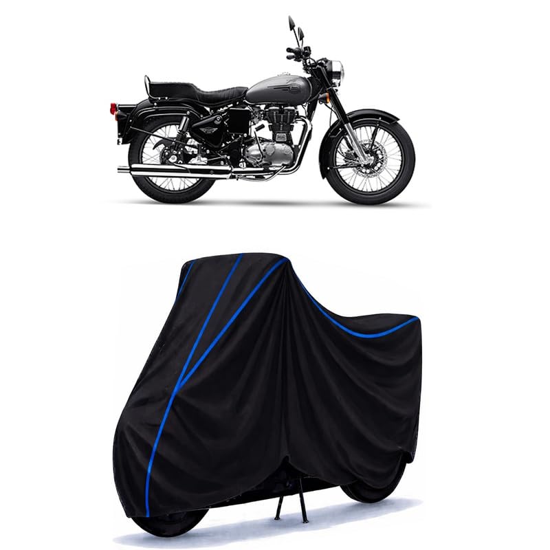 Image of Bullet 350 Military Silver Bike Cover Water Resistant Universal Motorcycle Rain | Heavy Duty UV Protection, Dust, Scratch Indoor Outdoor All Weather with Black Blue Piping Elastic