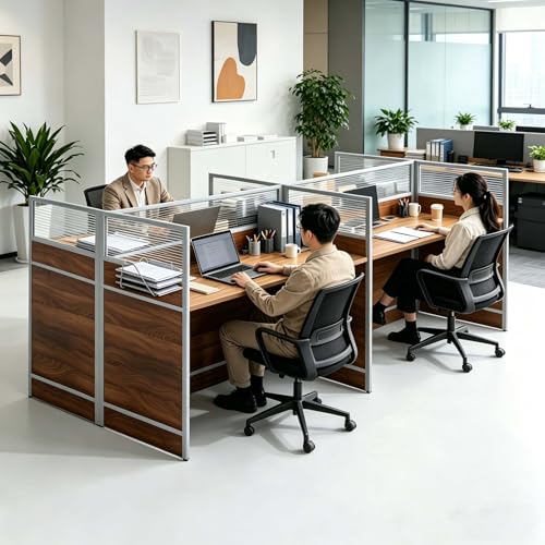 JFazzruit 4-Person Office Cubicle Workstation, Office Cubicle Desk with Privacy Panels & Cable Grommet, Workstation Desk for Home Office,Call Center (Walnut, 94.5Inch)