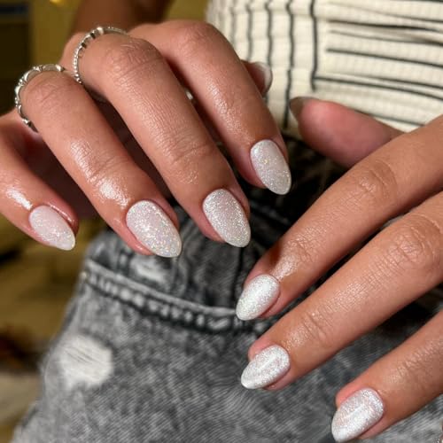SXVME Cat Eye White Press On Nails Short Almond Shaped - 30Pcs Stiletto Fake Nails Acrylic Press ons Natural Thick Gel Nails Short Glue on Nails Opaque Glitter Nails for Women No Glue