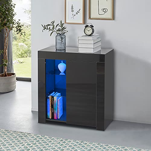 LEMROE Petit Buffet de café, Buffet Blanc Laque Brillant à 1 Portes avec lumières LED, 12 Couleurs, Style Moderne, Buffet de Cuisine Rangement (Negro)