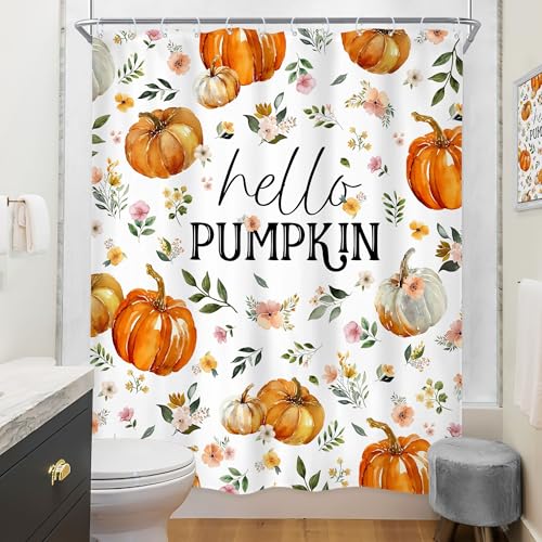 Image of Riyidecor Hello Pumpkin Floral Autumn Shower Curtain 60Wx72H Inch Cute Watercolor Flowers Fall Harvest Farmhouse Boho Plant Leaves Botanical Bathroom Decor Fabric Polyester Waterproof 12 Pack Hooks