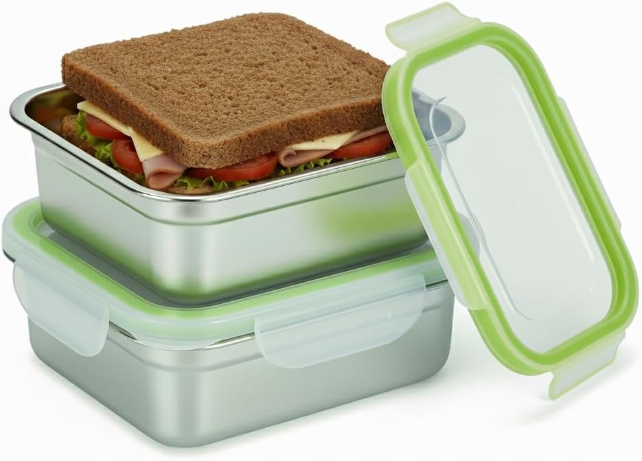 Set of 2 Stainless Steel Sandwich Containers - Food Grade Stainless Steel Metal Base plus a BPA Free, Lock Tight BPA Free Lid with Airtight Silicone Seal. Great for Sandwiches and Snacks
