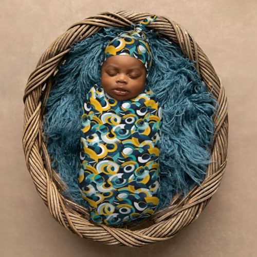 Image of Vibrant Turquoise Newborn Swaddle Blankets Hat Sets Soft Baby Receiving Blanket Swaddle Sack for Baby Shower Infant Boy Girl Gift