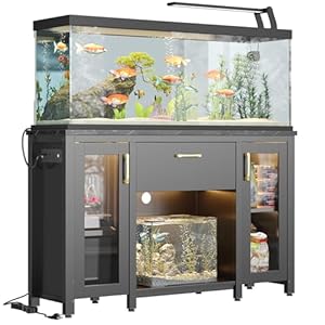 Bestier 55 Gallon Fish Tank Stand with Power Outlet & LED Light, 49.2″x13.8″ Heavy-Duty Aquarium Stand with Storage, Dual Glass Cabinet, 8 Thicken Metal Legs, Suit for Reptile/Turtle Terrarium(Black)
