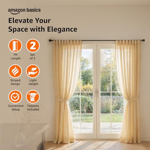 Image of Amazon Basics - Stripe Textured Sheer Door Curtains | Light Filtering | 7 Feet | Set of 2 | Striped Design | for Living Room, Bedroom & Balcony | 210cm x 115cm, Color - Cream