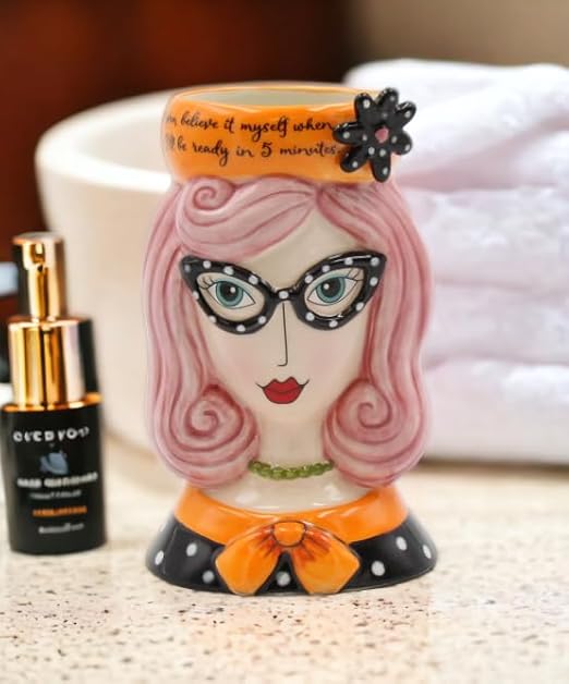 Fine Ceramic Dollymama Pink Hair Lady Makeup Brushes Holder Vase, 5-5/8 H