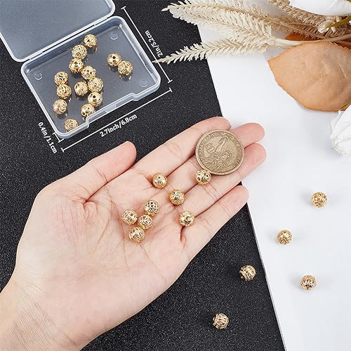 Beebeecraft 32Pcs 8 Style Filigree Beads Gold 8mm 18K Gold Plated Round Ball Loose Hollow Spacer Beads Metal Craft Accessories Bulk for Jewellery Making DIY Necklace Bracelet Hole: 2mm - Image 3