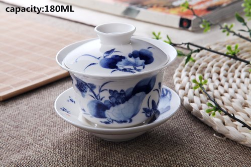 Top Grade Chinese Large Gaiwan Tea Set/Tea Mug/Coffee Mug with Lid and Saucer (Blue and White)