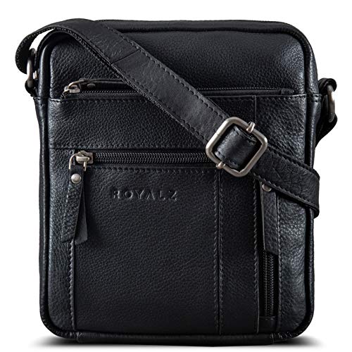 ROYALZ 'Dallas' Bolso Hombre Bandolera Pequeño Piel Masculino Bolsa Bandolera de Auténtica Cuero Vintage, Color:Negro