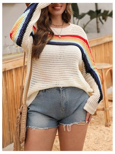 Women's Plus Size Rainbow Striped Knit Tops Y2K Hollow Out Long Sleeve Drop Shoulder Sweater Pullovers4