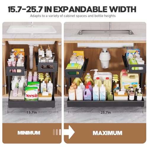 Image of 1 Pack-16 inch-26 inchW Expandable Under Sink Organizer With Upgrade Ball-Bearing Slide,2-Tier Pull Out Under Cabinet Organizer Height Adjustable,Not Suitable For Cabinets With Partitions In The Middle