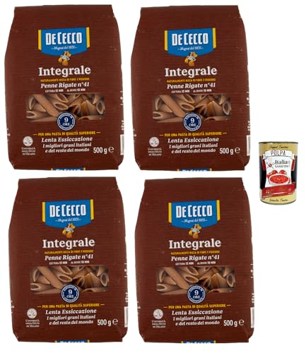 De Cecco Pasta Integral Penne Rigate n°41 – 4 x 500 g – Trigo completo italiano, rico en fibras, secado lento, cocción 12 min (10 min al dente)+ Italian Gourmet polpa 400g
