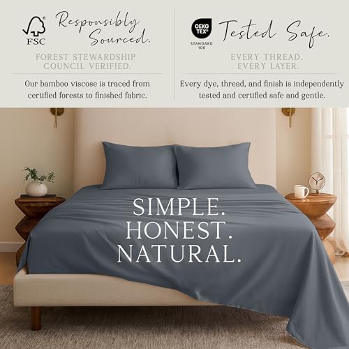 Image of KARISSA MAE Bamboo Viscose 34 inch Split Top King Size Sheet Set, FSC Certified | Single 34 inch Split Fitted Sheet | Sleep Number & Adjustable Bed | Cooling | 18 inch Deep Pocket w / Corner Straps [Charcoal Grey]