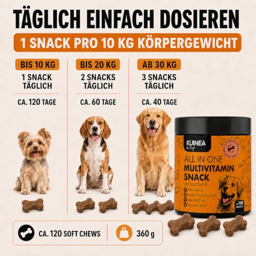 KUINEA® Multivitamin Snack für Hunde – All in One Vitamine als Leckerli – ca. 120 Snacks (360 g) – Ergänzungsfuttermittel mit Vitaminen & Mineralstoffen – ab 6 Monaten (1er Pack)