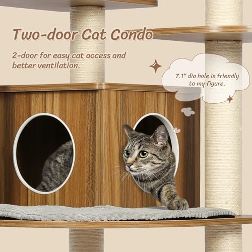 KAMABOKO 69”H Tall Wood Cat Tree, Large Cat Tower Multi-Level Platforms with Sisal Scratching Posts, Cat Condo for Large Cats 20 lbs Heavy Duty (69” H Wood Brown) by KAMABOKO - Image 2