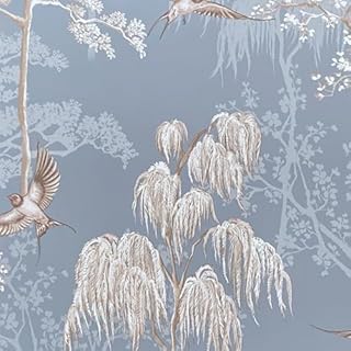 World of Wallpaper Japanese Garden Inspired Oriental Asian Themed Wallpaper for Living Room and Bedroom Cherry Blossom Trees and Oriental Birds Wallpaper Slate Blue E100339AH