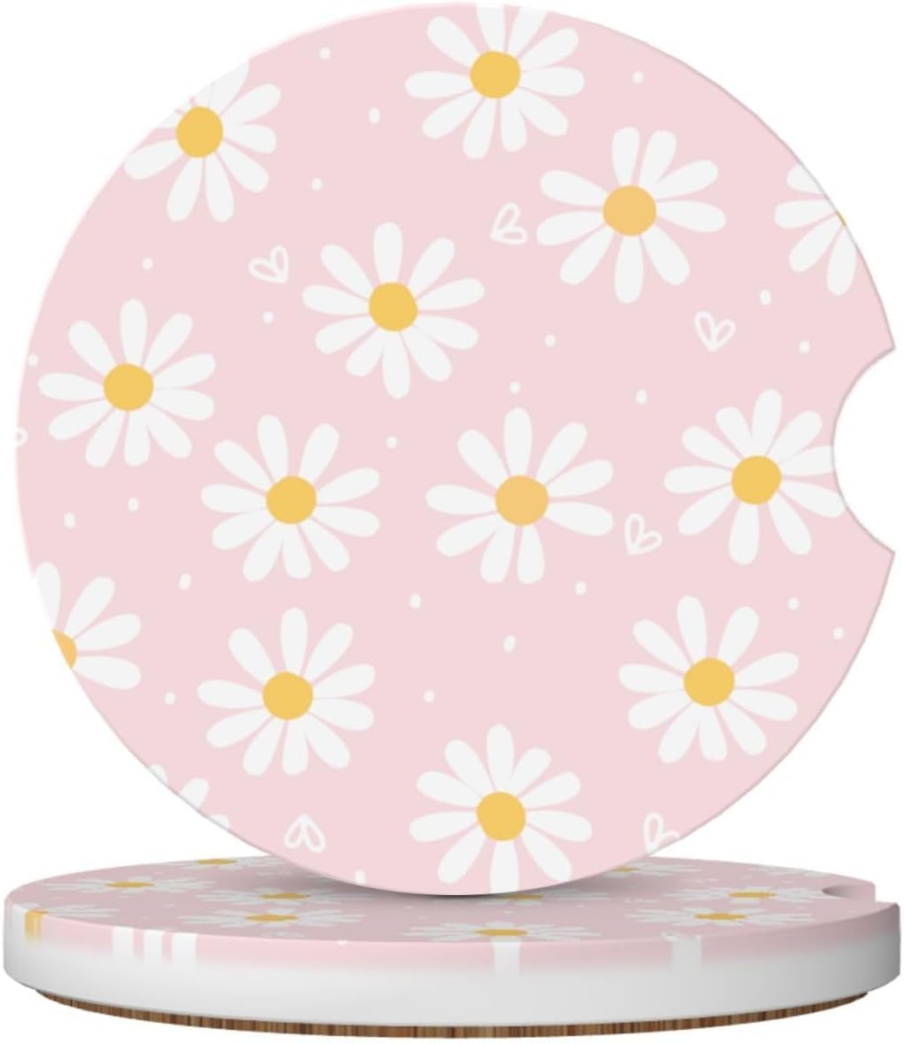 Pink Daisy Flower Car Coasters for Cup Holders,2 Pack Car Cup Holder Coasters for Car,Ceramic Absorbent Car Coaster with A Finger Notch and Cork Base,Car Interior Accessories for Women Men