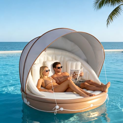 Image of Giantex Canopy Island Inflatable Lounge, Floating Island Raft w /SPF50+ Retractable Detachable Sunshade, Inflatable Pool Float Canopy w /2 Cup Holders Backrest Armrest for Pool Lake River