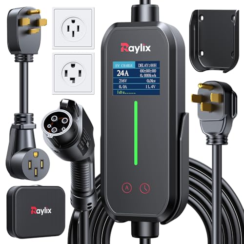 Raylix Upgraded Level 2 Fast EV Charger, 24A Dual Outlet Compatibility/Adjustable Current/Timer, NEMA 14-30 Dryer Outlet & 14-50 Plug, 21FT EV Charging Cable, J1772 Connector for SEA J1772 EVs/PHEVs