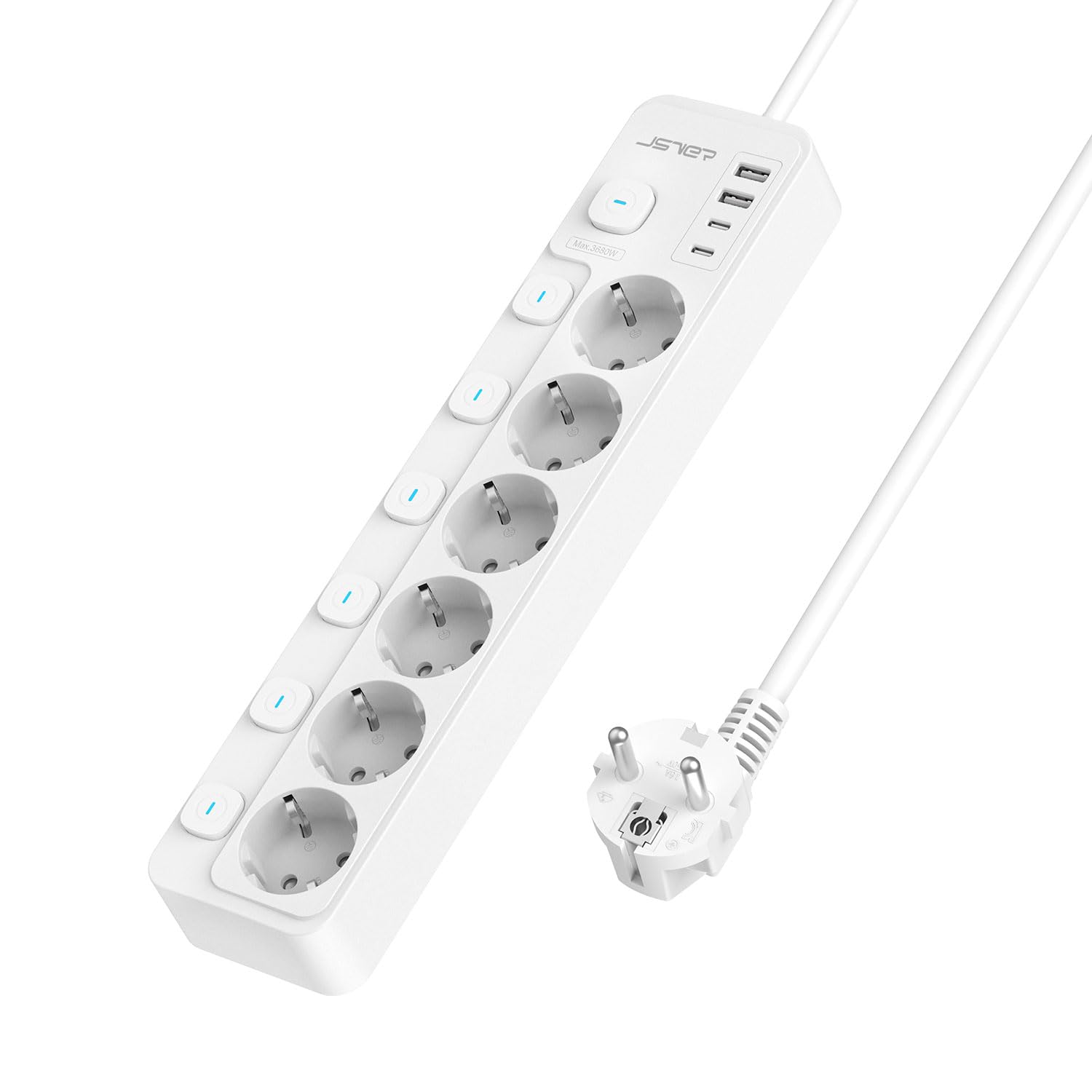 JSVER Regleta con Conmutación Individual, Enchufe Múltiple de 6 Tomas con 2 USB C&2 A, Regleta USB C(3680 W 16 A) para Oficina, Hogar o Viajes, Cable de 2 m