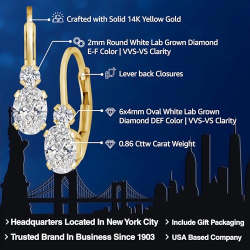 Gem Stone King 14K Gold White Lab Grown Diamond Leverback Earrings For Women | 0.86 Cttw | Oval 6X4MM and Round 2MM | DEF Color | VVS-VS Clarity | 3/4 Inch2