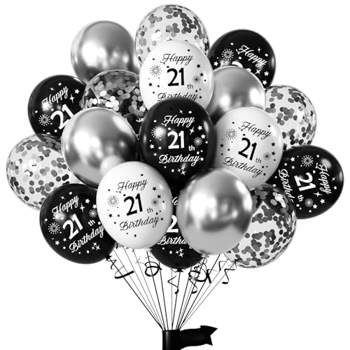 Yiran Balões de aniversário 21 anos homens mulheres, 16 peças balões de aniversário decoração preto branco prata, 12 polegadas balões látex aniversário, Happy Birthday Balloon 21 anos aniversário