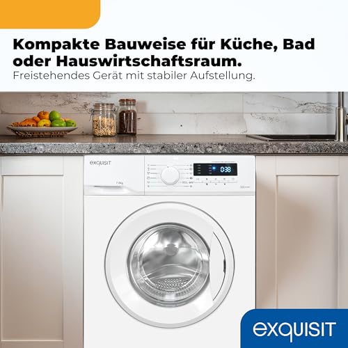 Exquisit Waschmaschine | 7 kg Nennkapazität, Energieeffizienzklasse A, 1400 U/Min, 76 dB(A) | kompakte Bauform, 12 Programme, Eco 40-60, Kurzprogramm, Startzeitverzögerung | WA57014-020A weiss
