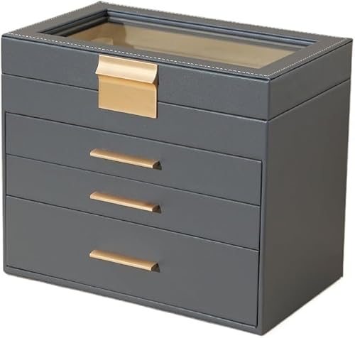 Rutexc 収納箱、 PU 製 ウインドウ付 多層 分類明確 防潮・防塵 安定耐用 大容量 コスパ高 多層引き出し式 表面ガラスディスプレイ窓 内部区画によるイヤリング・ネックレス・ブレスレット等多ジャンルアクセサリー分類収納 ベッドルームドレッサー・ジ