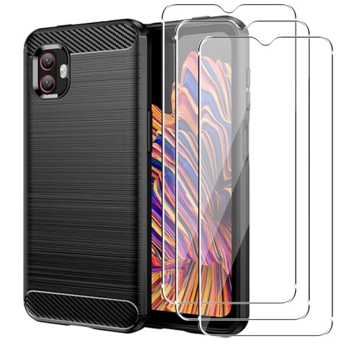 Case for Samsung Galaxy XCover 6 Pro + 3 Pack Screen Protector，Carbon Fiber Texture Soft TPU Shockproof Bumper Anti Drop Rugged Cover Ultra Slim Anti Scratch Phone Case,Black