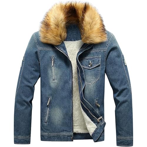Men's Fur Collar Denim Jacket Male Sherpa Lined Distressed Denim Trucker Jacket Men Warm Winter Faux Fur Jeans Coat