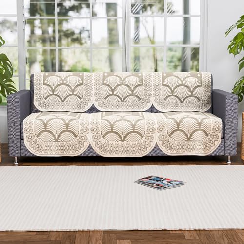 Image of Kuber Industries (Set of 6) Stylish & Durable Cotton Sofa Covers 3 Seater | Washable Sofa Protector /Mat | Suitable Slipcover for Living Room & Office | Rainbow Design - Cream
