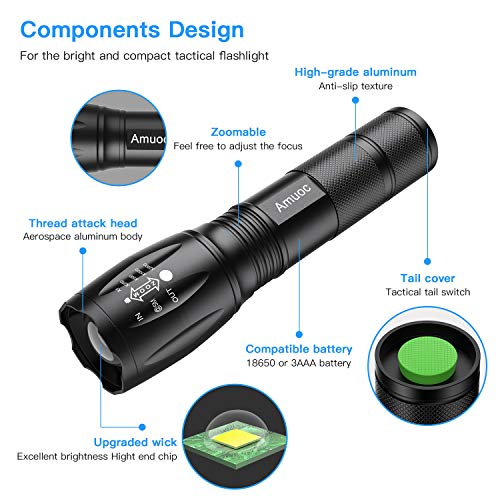 Amuoc Flashlight, Upgrader LED Tactical Flashlight S1000 - High Lumen, 5 Modes, Zoomable, Water Resistant, Handheld Light - Best Camping/Outdoor/Hiking(Batteries Not Included) (2 Pack) - Thumbnail 2