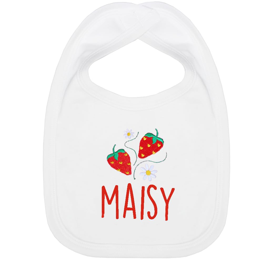 TeddyT's Personalised Baby Strawberry & Daisies Embroidered White Feeding Bib