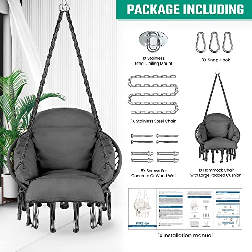 Purekea Hammock Chair, Macrame Hanging Swing Chair With Large Padded Cushion And Hardware Kits, Max 250 Lbs, Hanging Cotton Rope Chair For Indoor, Outdoor, Bedroom, Patio, Porch, Garden (Grey) #TOP1