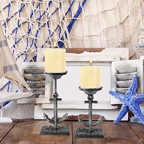 Iron Coastal Anchor Pillar Candle Holder, Set Of 2 Decorative Candlestick Holder For Nautical Style Beach Bathroom Decor #TOP4