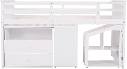 Miniatura 6 de Cama alta baja con escritorio móvil portátil cama alta de tamaño individual con cinco cajones estante abierto y escalones de almacenamiento marco de