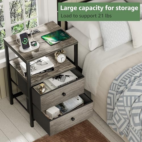 Image of BOLUO Gray Nightstand with Charging Station, LED Night Stand with 2 Fabric Drawers, Bedside Table with USB Ports and Outlets, Nightstand for Bedroom Modern