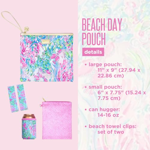 Image of Lilly Pulitzer Water Resistant Vinyl Beach Day Pouch, Zipper Bag Includes Drink Hugger, Small Pouch, and Towel Clips, Best Fishes, One Size, Beachy
