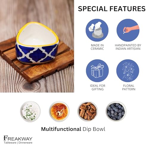 Image of Freakway Hand Painted White Ceramic Dip Bowls | Bowls Set of 2, 40Ml | Bowl for Serving Chutney Bowl /Pickle Bowl /Small (BLU & YLW)