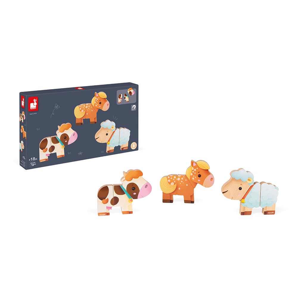 Janod - Funny Farm Animals Magnets - Wooden Magnetic Early Learning Toy - Handling and Dexterity - From 18 months onwards - J08058, Wood