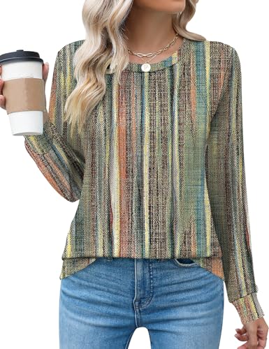 Rapbin Womens Casual Crew Neck Long Sleeve Pleated Tops Blouses Fashion Clothes 2024