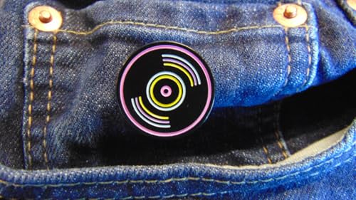 Retro Vinyl Record Enamel Pin Badge, Black with Neon Outline, 25mm x 25mm, 2mm Thick, Vintage 80s Record Player Collectible, Neon Music Accessory, Perfect for Backpacks, Jackets, and Hats - Image 2